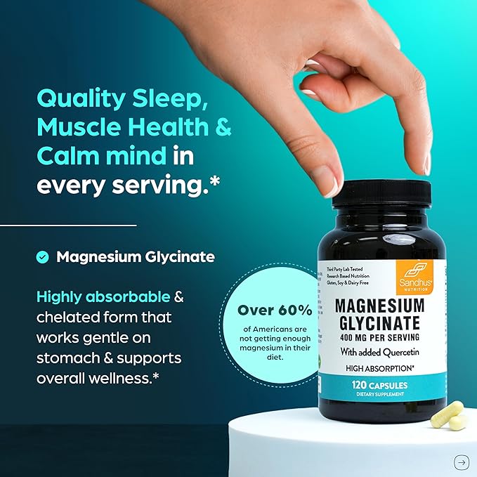 Magnesium Glycinate 400mg High Absorption Capsules with Quercetin | Quality Sleep Relaxation &amp Muscle Health Supplement for Women and Men | Chelated Magnesium 120 Count (Pack of 1) | Easy to Swal