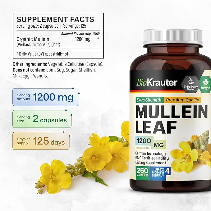 BIO KRAUTER Mullein Capsules 1200 mg 250 Caps - Pure Vegan Mullein Leaf Extract for Lungs - 125 Days of Supply - Lung Cleanse &amp Respiratory Support Supplements - No Fillers Non-GMO