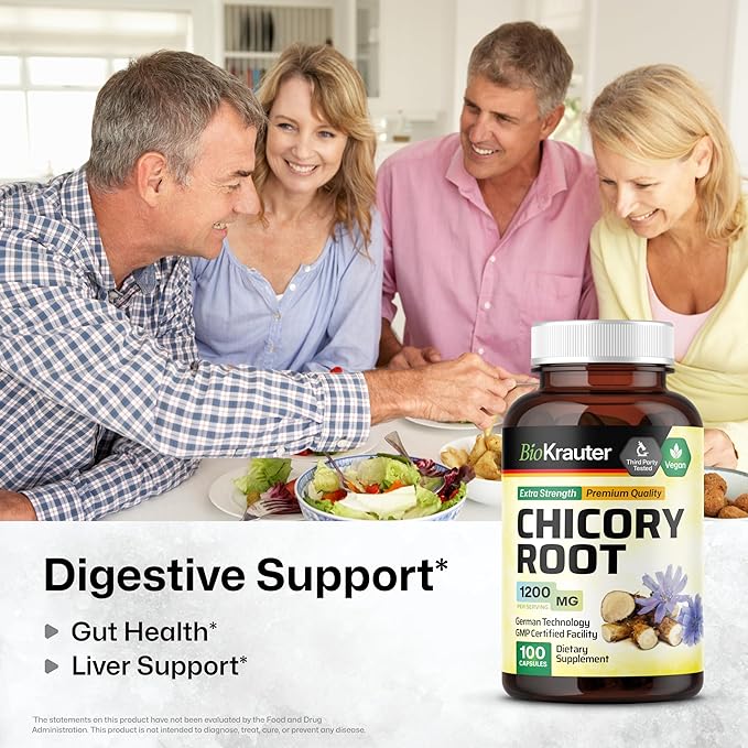 BIO KRAUTER® Chicory Root for Gut &amp Digestive Support - Pure Vegan Prebiotics &amp Fiber Supplement in Capsules 1200 mg per Serving 100 Count - No Fillers Non-GMO - 25 Days of Supply