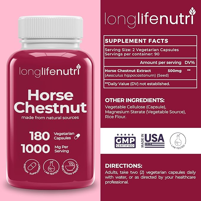 LongLifeNutri Horse Chestnut Extract 500mg - 180 Vegetarian Capsules Organic Supplement for Daily Wellness &amp Circulation 3-Month Supply GMP Certified Made in USA