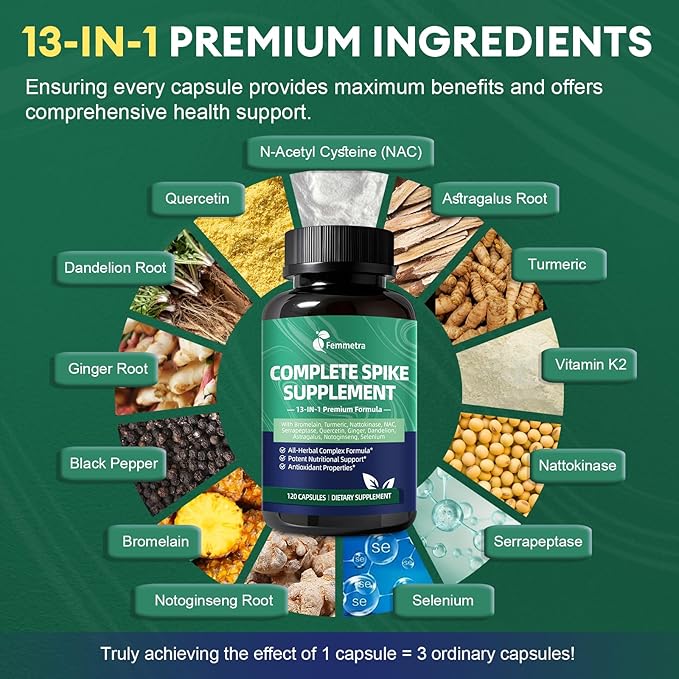 Spike Protein Cleanse Capsules Nattokinase Supplement 8000FU with Bromelain 600mg Curcumin &amp Quercetin etc. 13-in-1 Immune Support Supplement for Daily Health Vegan Non-GMO 120 Capsules
