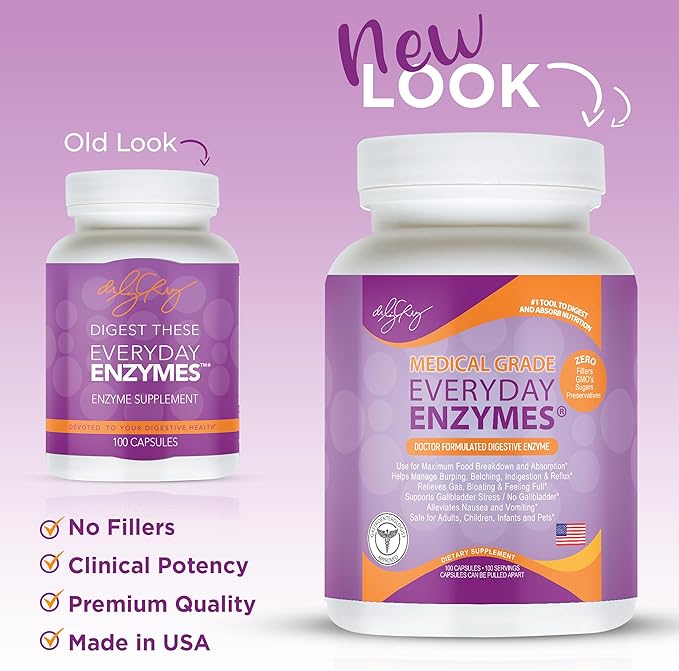 Dr. Liz Cruz Everyday ENZYMES - Digestion Supplement Dietary Supplements Medical-Grade Super Enzymes Bloating Gas and Reflux Relief for Women Men &amp Children Non-GMO 100 Veggie Capsules