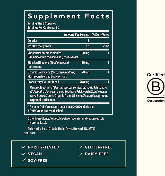 Gaia Herbs Adrenal Health Jumpstart - Helps Sustain Healthy Energy &amp Stress Levels* - with Cordyceps Schisandra Rhodiola &amp Licorice - 60 Vegan Liquid Phyto-Capsules (30 Servings)
