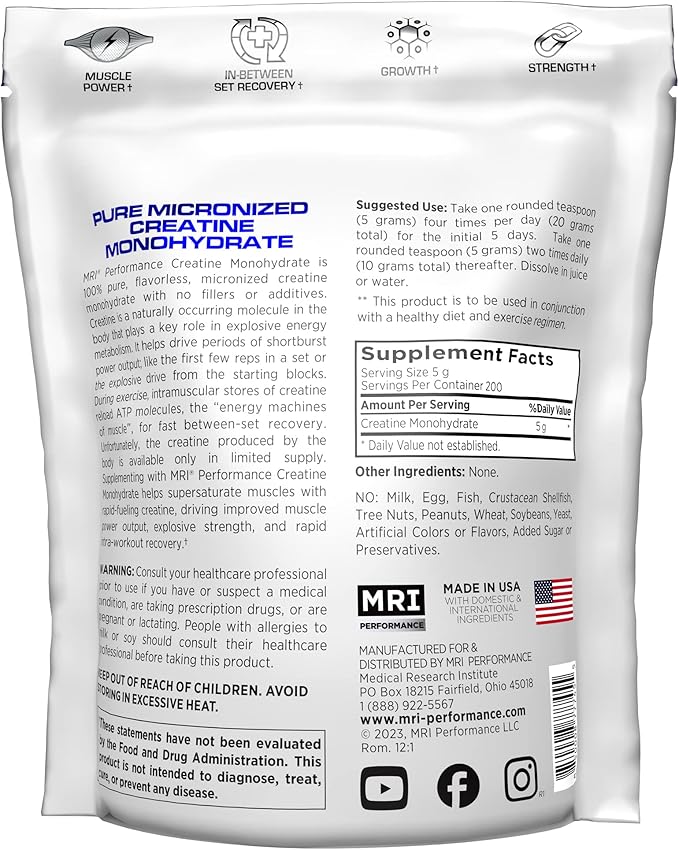 MRI Performance Creatine Monohydrate Powder 5g100% Pure Micronized Creatine Supplement Muscle Growth &amp Recovery Build Muscle Increase Strength Performance Endurance 1000g Unflavored