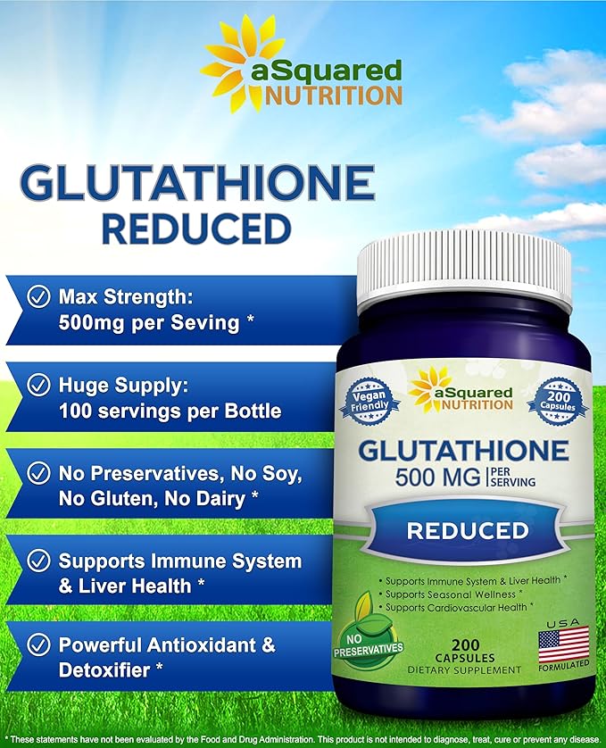 aSquared Nutrition Reduced Glutathione 500mg Per Serving Supplement -200 Capsules -L-Glutathione Antioxidant to Support Liver Health &amp Detox - Max Strength Powder Pills to Help Immune &amp Brain