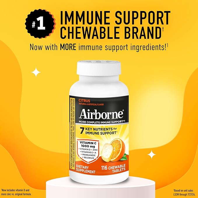Airborne Vitamin C 1000mg (per Serving) - Citrus Chewable Tablets (116 Count in a Bottle) Gluten-Free Immune Support Supplement with Vitamins A C E Zinc Selenium Echinacea Ginger Antioxidants