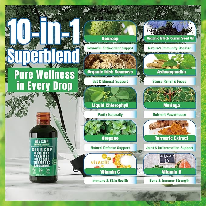 Vyxion Soursop Bitters Liquid Drops 10 in 1 with Sea Moss Moringa Turmeric Black Seed Oil Oregano Ashwagandha | Herbal Extracts for Overall Health-Enhancing |Vegan Non-GMO| 4 Fl Oz