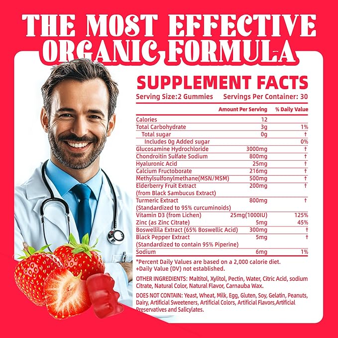 Glucosamine Chondroitin Gummies with MSM &amp Elderberry Extra Strength - Joint Support Antioxidant Immune Support Supplement for Adults Men &amp Women.120 Strawberry Gummies