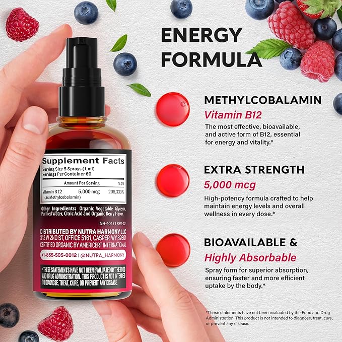 USDA Organic Vitamin B12 Sublingual Spray - 5000 mcg Liquid Vegan Methylcobalamin for Women &amp Men - Energy Boost Focus &amp Mood Brain Health Support - Maximize Absorption - 2 Month Supply 2 f