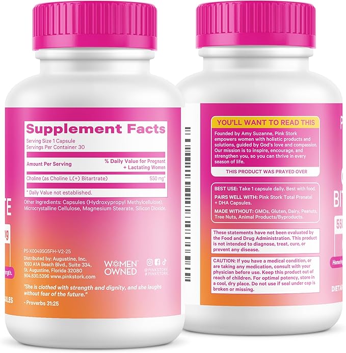Pink Stork Choline - 550 mg Choline Bitartrate from VitaCholine for Pregnant + Postpartum Moms - Prenatal Vitamin for Fetal Cognitive Health + Breast Milk Quality - 1 Capsule Daily 30 Count
