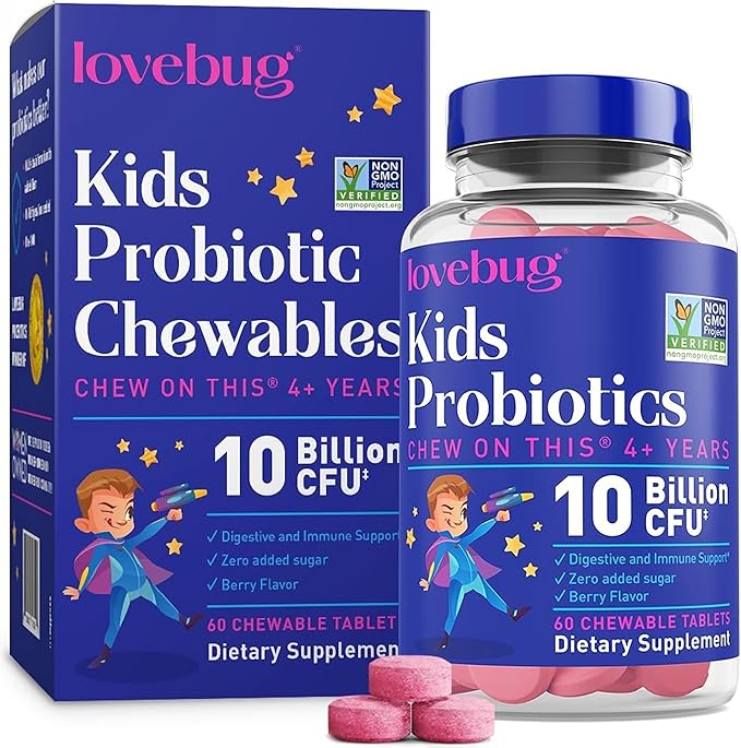 LOVEBUG Probiotics for Kids – Probiotic Chewables with Prebiotic Fiber for Age 4+ Daily Children's Gut Health Constipation Digestive &amp Immune Support Supplement Sugar-Free Berry Flavor 60 ct