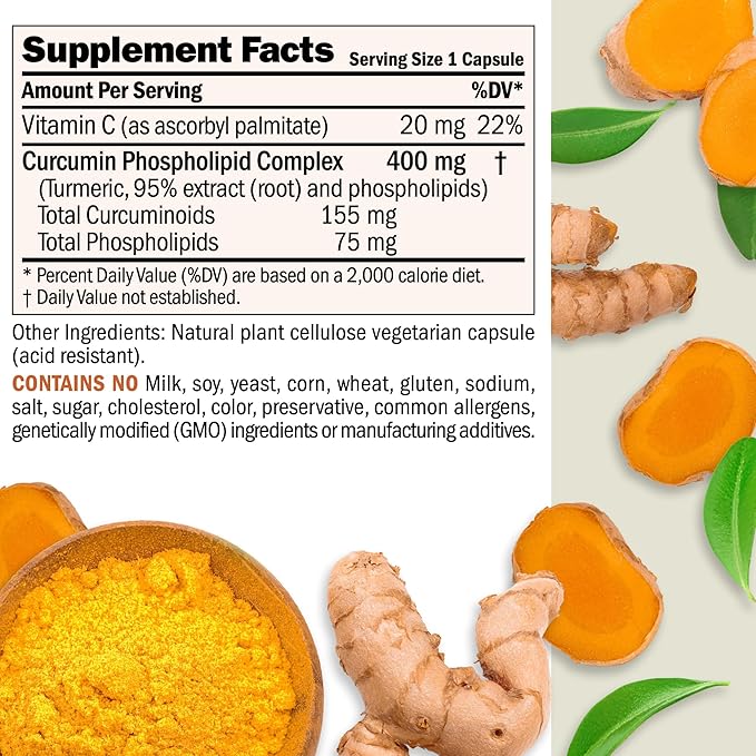 ANDREW LESSMAN Turmeric 400mg - 60 Capsules - 95% Curcuminoids as Phospholipid Complex for Optimum Benefits and Absorption High Potency Standardized Extract Small Easy to Swallow Capsules