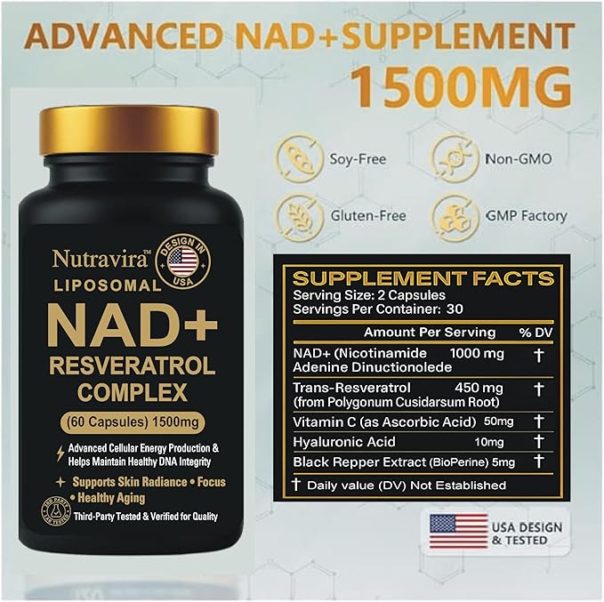 Liposomal NAD+ Resveratrol Complex 1500mg – Advanced Cellular Energy Anti-Aging DNA Repair Support High Absorption Liposomal Technology – 60 Capsules “3rd Party Tested – Eurofins”