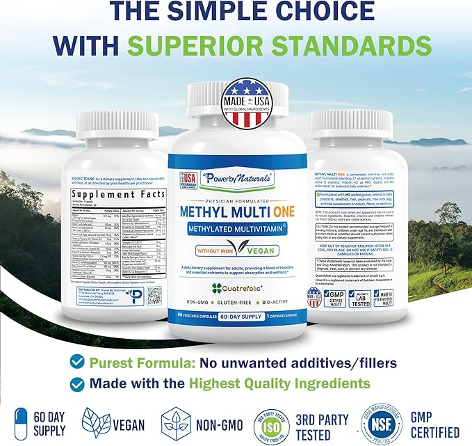 Power By Naturals Methyl Multi One – Iron-Free Methylated Multivitamin with Methyl B12 5-MTHF CoQ10 &amp Zinc – Methylation Support for Men &amp Women – 120 Capsules 2-Pack (4-Month Supply)