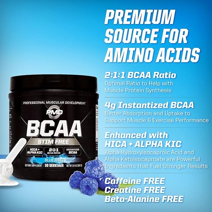 PMD Sports BCAA Stim-Free Amino Acids - Better Workout Performance Enhanced Recovery Daily Energy Muscle Builder and Muscle Sparing - BCAA Powder Drink Mix - Blue Razz (30 Servings)