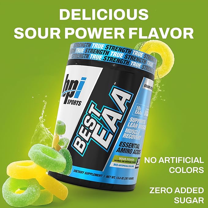 BPI Sports Essential Amino Acids EAA Powder - Pre Intra &amp Post Workout Drink - BCAA Powder for Men &amp Women EAA + BCAA + Hydration. Advanced Formula with 10g of EAA. (Sour Power)