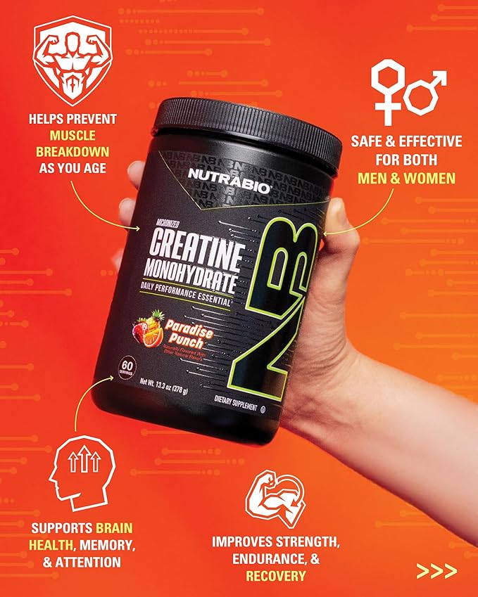 NutraBio Pure Micronized Creatine Monohydrate Powder SupplementParadise Punch(300g)-Supports Bulk Muscle Energy Recovery and Strength-HPLC Tested Creatine Powder Supplement for Men and Women