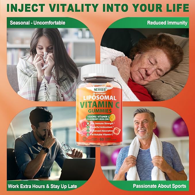 Liposomal Vitamin C 1000mg Gummies for Adults - Vitamin C Chewable with Elderberry Zinc &amp 8mg Iron Sugar Free Vit C Supplements Daily Immune Support Gummies for Energy Collagen Booster 120 Co