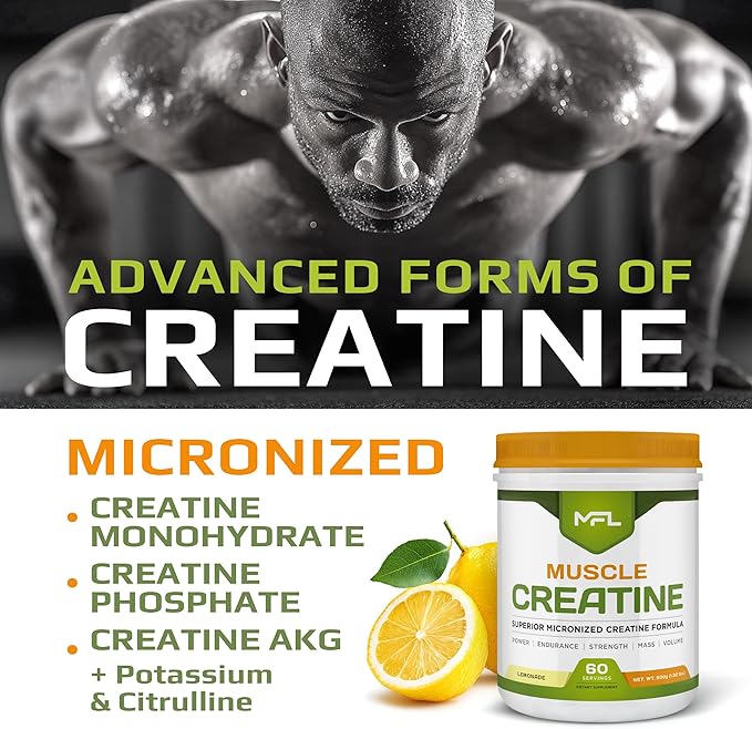 MFL Muscle Creatine | 3 Forms of Micronized Creatine | 10g | 0 Sugar | Sweetened with Stevia | All-Natural | 60 Servings (Lemonade)