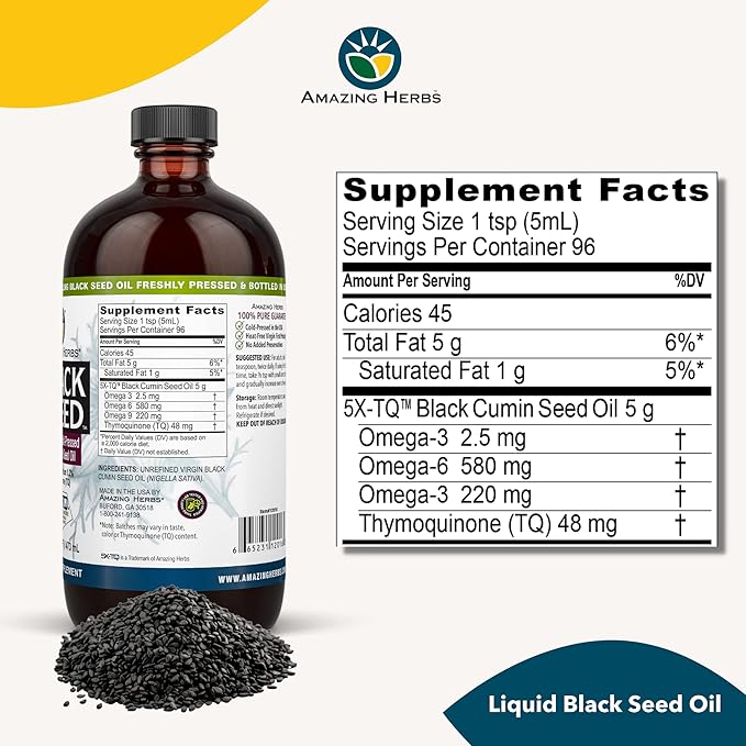 Amazing Herbs Premium Black Seed Oil - Gluten Free Non GMO Cold Pressed Nigella Sativa Aids in Digestive Health Immune Support Brain Function Joint Mobility - 16 Fl Oz (Pack of 2)