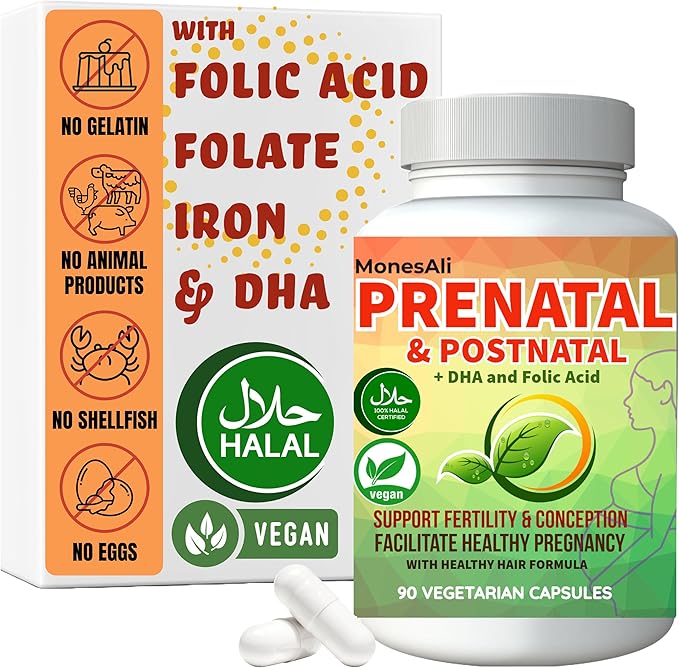 Prenatal Vitamins for Women | Postnatal | Vegan Halal Gelatin Free | with Folate Iron &amp Biotin | Supports Pregnancy Postpartum Energy &amp Hair Health 90 Capsules