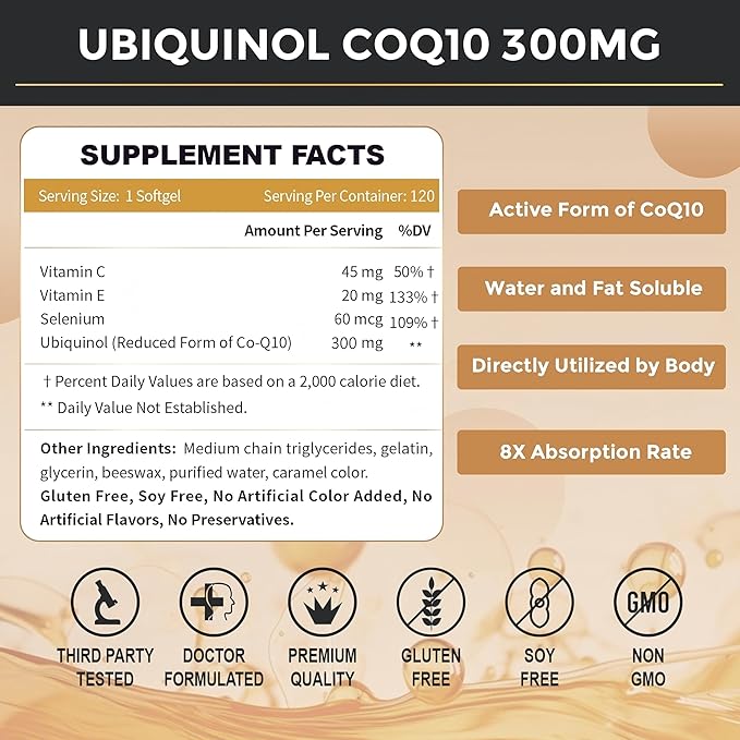 ZEBORA Ubiquinol CoQ10 300mg Softgels 4-in-1 Powerful Antioxidant for Heart and Vascular Health Essential for Energy Production Max Absorption Active Form of CoQ10 120 Softgels