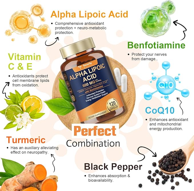 Alpha Lipoic Acid 600mg with Benfotiamine 300mg - ALA Supplement for Antioxidant Nerve Health Energy &amp Metabolism Support Cell Energy Neuropathy Supplement Anti-Aging Non-GMO Gluten Free V