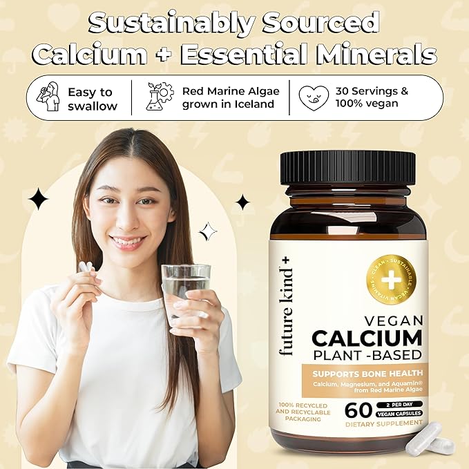 Future Kind Vegan Calcium Supplement - Plant-Based Calcium Magnesium Supplement Sourced from Iceland for Teeth &amp Bone Support (60 Capsules)