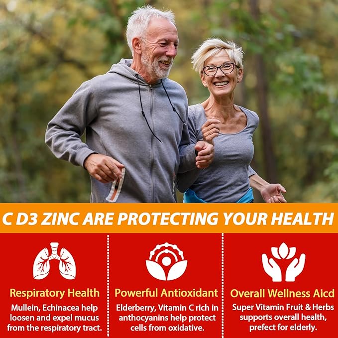 Sugar Free Vitamin C + D3 + Zinc Gummies for Adults 50 + 9 in 1 Immune Defense Supplement with D3 5000IU Elderberry Echinacea Mullein Leaf for Boost Immunity Power Antioxidant Vegan (Pack of 1)