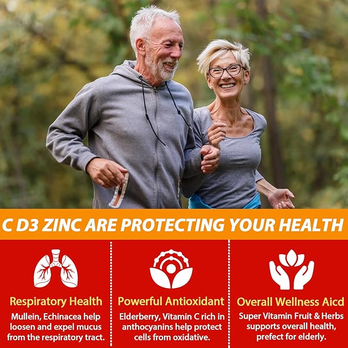 Sugar Free Vitamin C + D3 + Zinc Gummies for Adults 50 + 9 in 1 Immune Defense Supplement with D3 5000IU Elderberry Echinacea Mullein Leaf for Boost Immunity Power Antioxidant Vegan (Pack of 2)