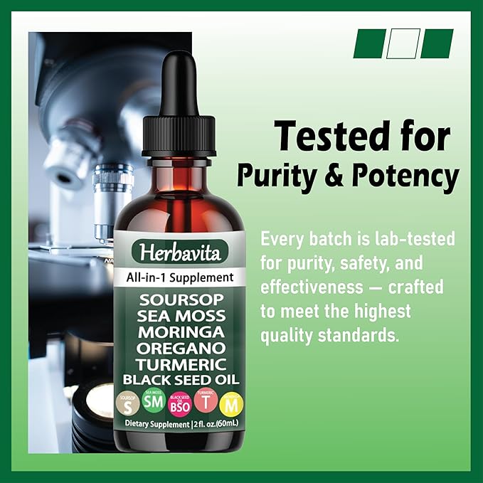 Soursop Liquid Drops 10 in 1 with Sea Moss Moringa Turmeric Black Seed Oil – Vegan Non-GMO Immune &amp Energy Support – 2 fl oz