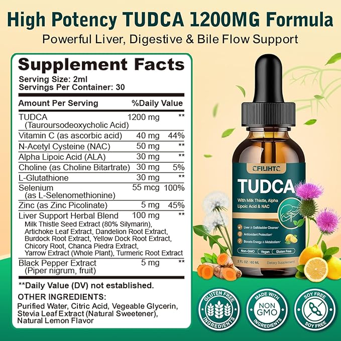 TUDCA Bile Salts 1200mg Liquid Drops - Advanced Tudca Liver Supplement with ALA NAC &amp Glutathione for Bile Flow Gallbladder Health &amp Antioxidant Defense High-Absorption Lemon 2 fl oz 2 Pac