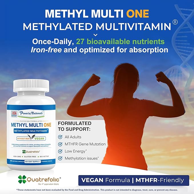 Power By Naturals Methyl Multi One – Iron-Free Methylated Multivitamin with Methyl B12 5-MTHF CoQ10 &amp Zinc – Methylation Support for Men &amp Women – 120 Capsules 2-Pack (4-Month Supply)