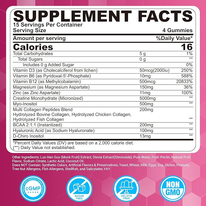 Creatine for Women Gummies Micronized Creatine Monohydrate + Myo-Inositol Collagen Peptides BCAAs Hyaluronic Acid Vitamin B6 B12 Zinc for Enërgy Föcus Hörmonal Balance Sugar Free 120 Counts