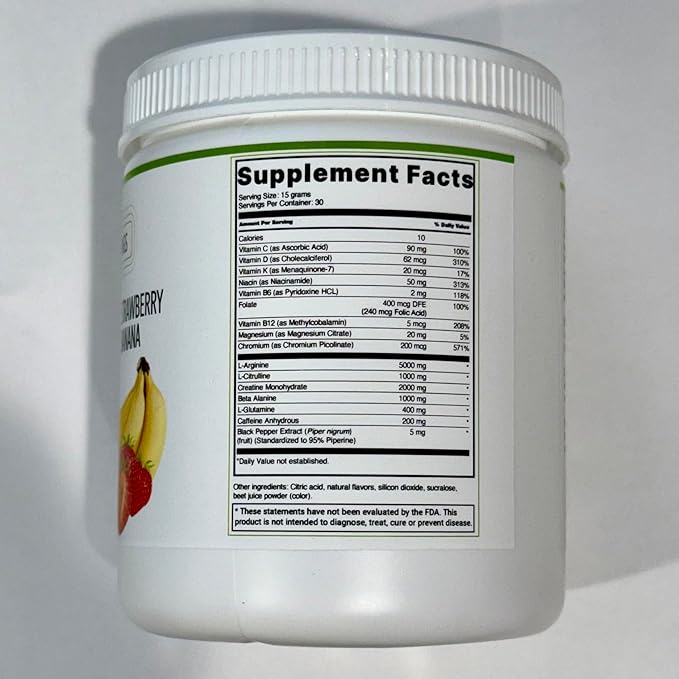 L-Arginine 5000mg + L-Citrulline Complex Powder Supplement Drink Mix - Nitric Oxide Booster for Heart Health Blood Flow &amp Energy - 30 Servings (Strawberry Banana)
