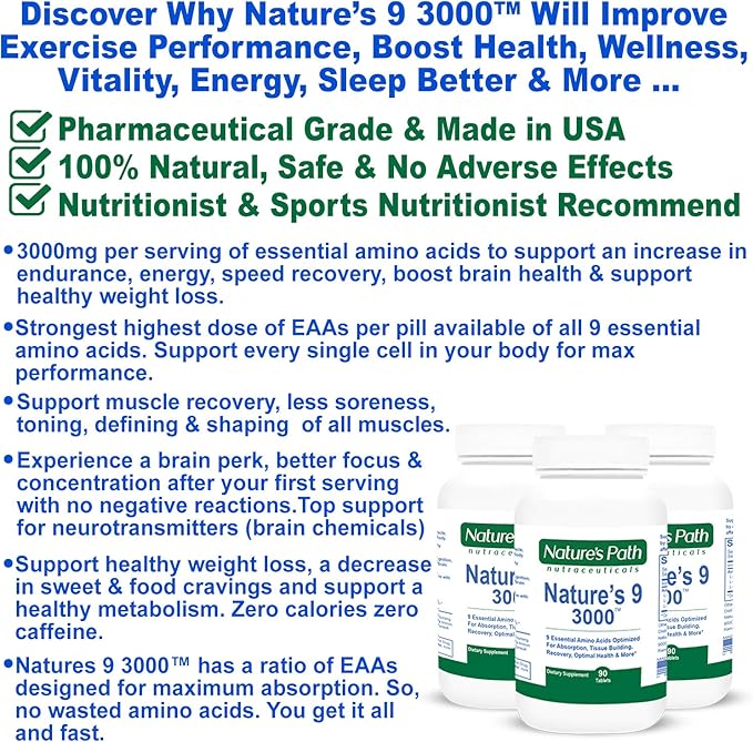 Nature's 9 3000 Essential Amino Acids Supplement Best EAA Amino Acid Complex All 9 Essential Amino Acid Pills Vegan Aminos 90 Pill 1 Gram Per Tablet