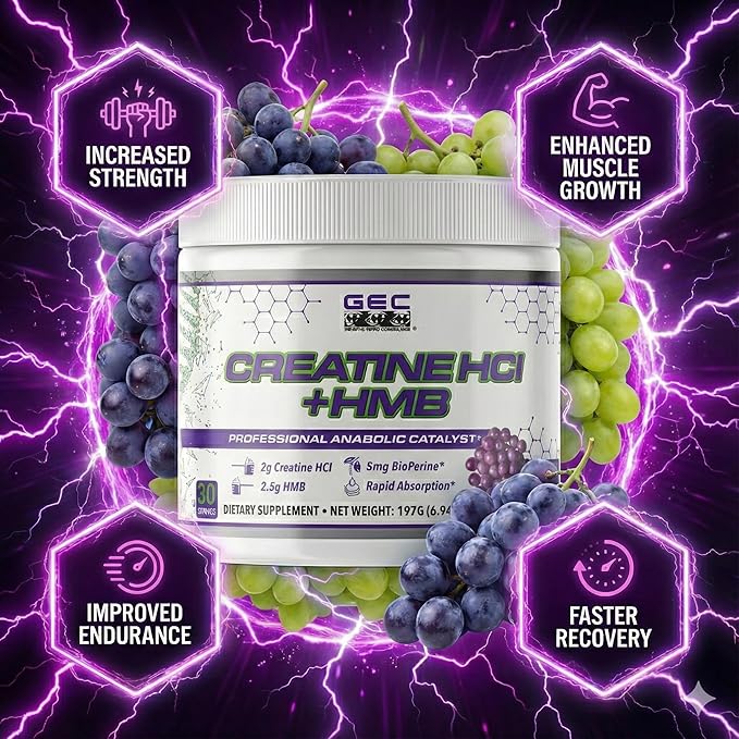 Creatine HCl + HMB for Athletes – Performance &amp Recovery Formula – 2g Creatine HCl 2.5g HMB – Fast Absorption No Bloat No Loading – 30 Servings – GEC (Standard Sour Grape Candy)