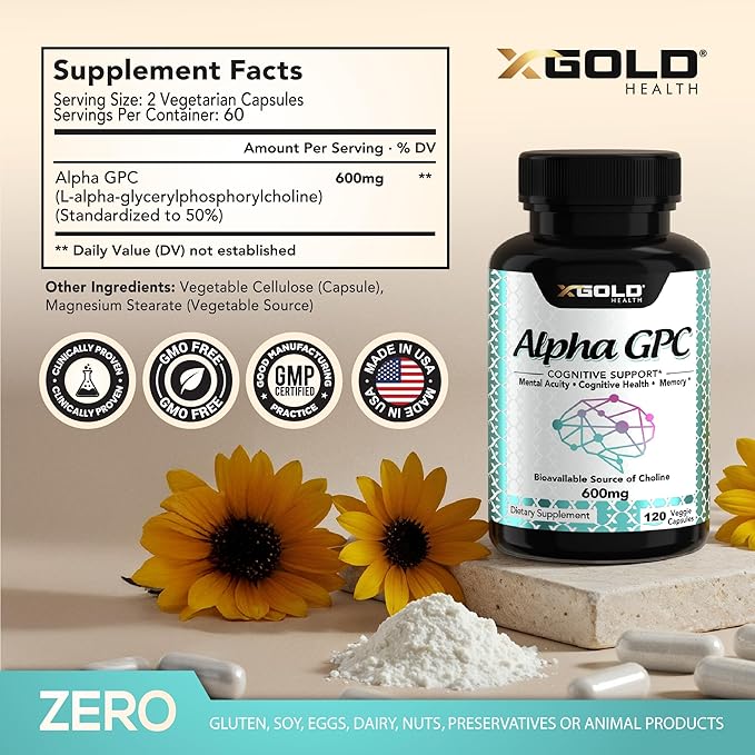 X Gold Health Alpha GPC Choline 600mg Pure Nootropic Supplement 120 Veggie Capsules Cognitive Enhancer for Memory Brain Health &amp Focus
