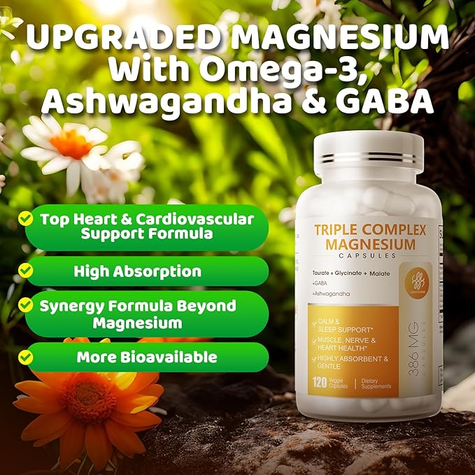 Triple Magnesium Complex - Magnesium Glycinate Taurate &amp Malate Supplement with Omega3 Ashwagandha GABA for Sleep Brain Heart &amp Muscle Support - High Absorption and Gentle Vegan 120 Caps