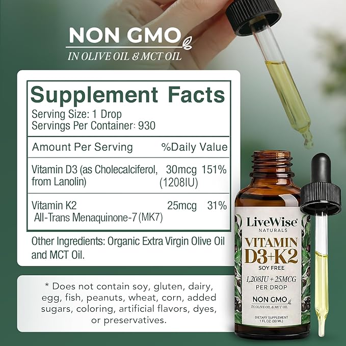 Live Wise Naturals Vitamin D3 K2 Drops for Adults - 930 Drops Ultra Concentrated Formulation Fast Absorption 1208 IU Vitamin D3 25 MCG (MK-7) - Micro-Dosing Dropper for Calcium &amp Bone Support