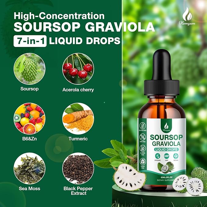 Soursop Bitters Liquid - 7 in 1 Soursop Graviola Liquid Drop Leaf Extract 4 Fl Oz (120ml) with Organic Sea Moss for Cell Support &amp Regeneration Liver Immune Boost Antioxidant (2 Pack)