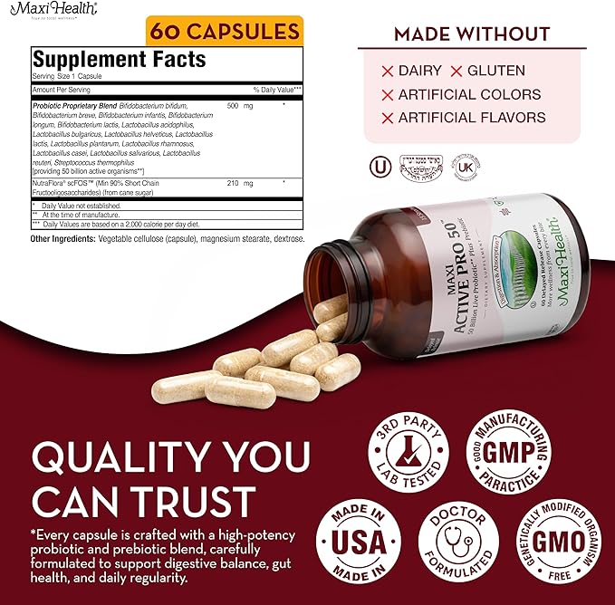 Maxi Health Probiotic Plus Ultimate Prebiotic Advanced Live Probiotics Formula - 50 Billion Live Active Probiotic - 15 Strains - Ultra Protection - Active Pro-50-30 Count