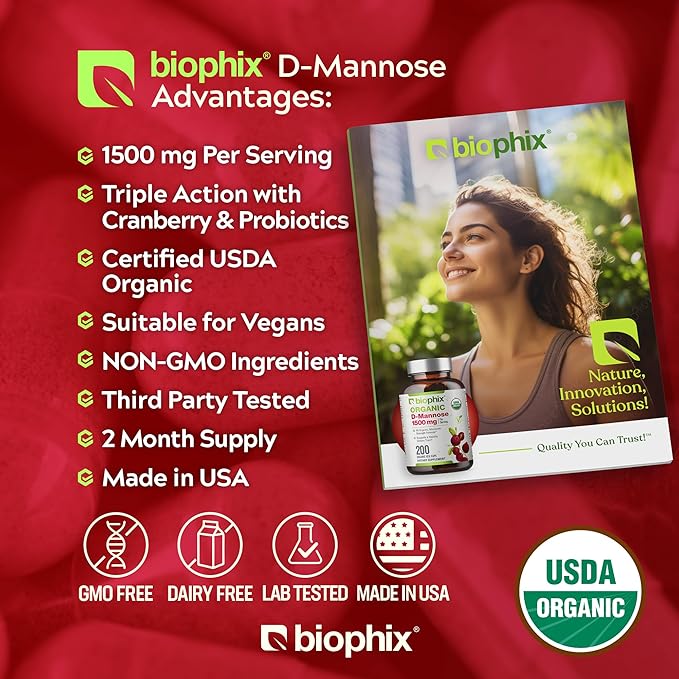 biophix D-Mannose USDA Organic 1500 mg 200 Veggie Caps - Supports a Healthy Bladder Urinary Tract Non-GMO Vegan-Friendly
