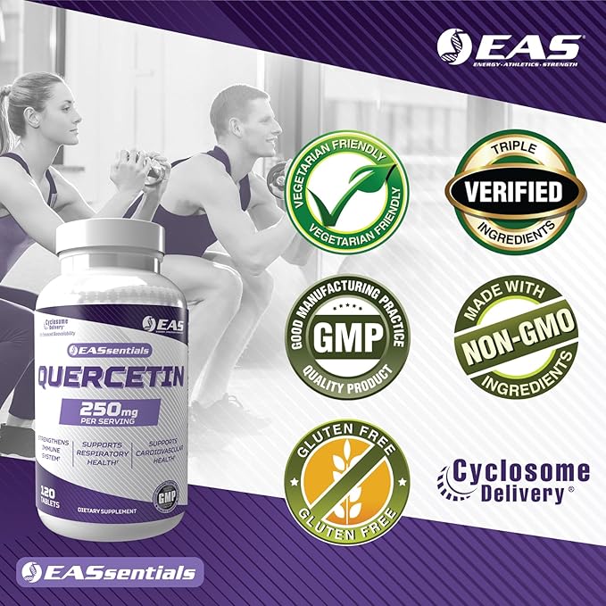 EAS Quercetin 250mg | Heart &amp Respiratory Health | Supports Immune Response | Gluten Free Non GMO | Better Absorption with Cyclosome Delivery | 120 Tablets