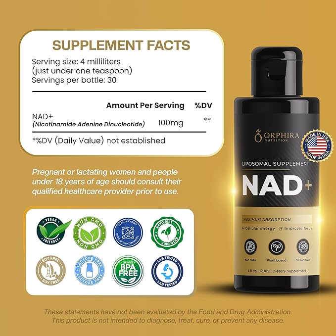 Orphira Liquid Liposomal NAD+ Supplement - 10x Better Absorption for Cellular Energy Mental Clarity Healthy Aging &amp Vitality Support - Enhanced NAD Plus Vegan Non-GMO - 30 Servings (4 fl oz)