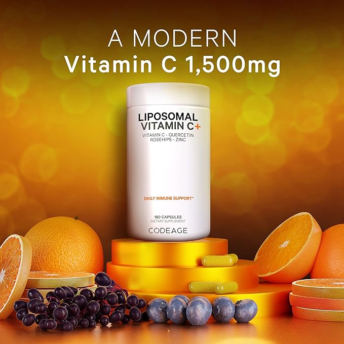 Codeage Liposomal Vitamin C 1500mg with Zinc Elderberry Citrus Bioflavonoids Grapefruit Lemon Orange Powder Quercetin &amp Rose Hips Fruit – Vegan Supplement - Non-GMO Vegan Pills - 2 Pack