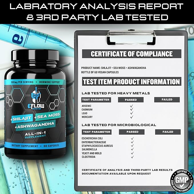 eFlow Nutrition Shilajit Capsules Ashwagandha Sea Moss [All-in-1] Trace Minerals Fulvic Acid Lab Tested Pure Himalayan Shilajit for Men &amp Women | Energy Vitality &amp Hormonal Support (60 Ca