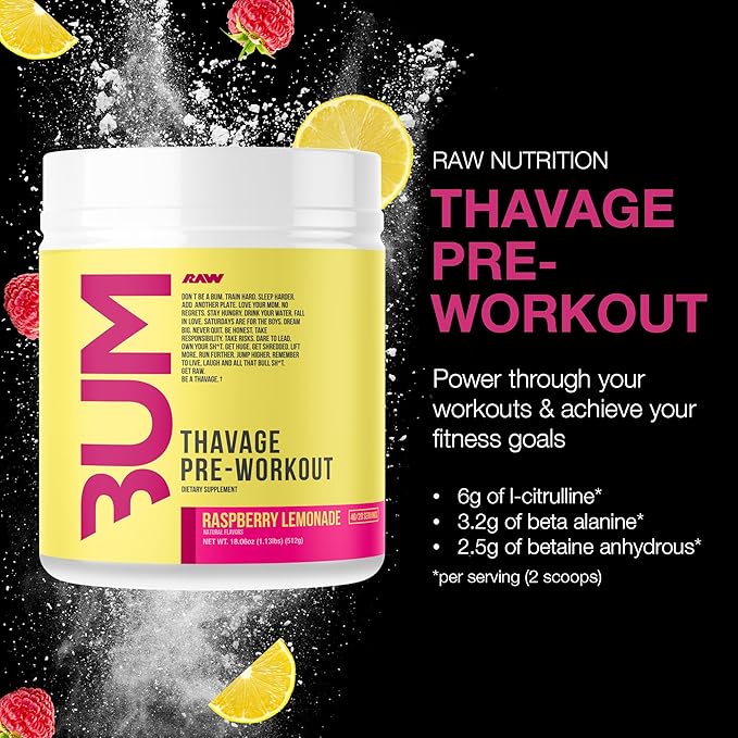 RAW Pre Workout Powder Thavage (Raspberry Lemonade) - Chris Bumstead Sports Nutrition Supplement for Men &amp Women - Cbum Pre Workout for Working Out Hydration Mental Focus &amp Energy - 40 Serv