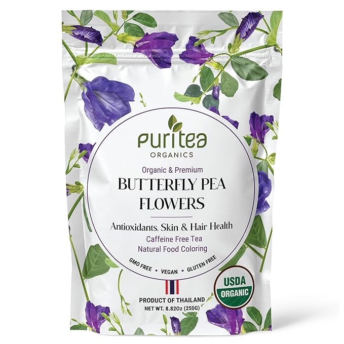 USDA Organic Butterfly Pea Flower Tea 8.82oz 750+ Cups | Great for Iced or Hot Brewed Herbal Tea | Natural Blue &amp Purple Food Coloring | Rich Source of Antioxidants | Caffeine Free Non-GMO No