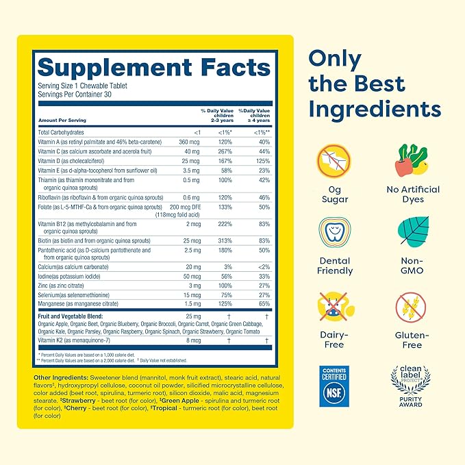 HIYA Kids Multivitamin Tablets – 15+ Essential Vitamins &amp Minerals with Fruits &amp Veggies for Ages 2+ Supports Growth Development &amp Immune 0g Sugar – 30 Day Supply for Toddlers &amp Kid